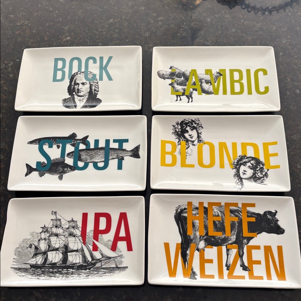 Crate & Barrel Beer Graphic Appetizer Plates Set